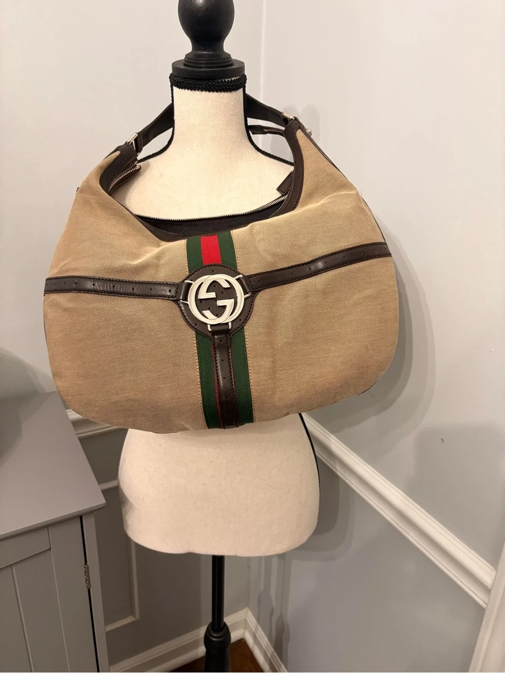 Gucci Beige Canvas Hobo Bag with Red & Green Stripe